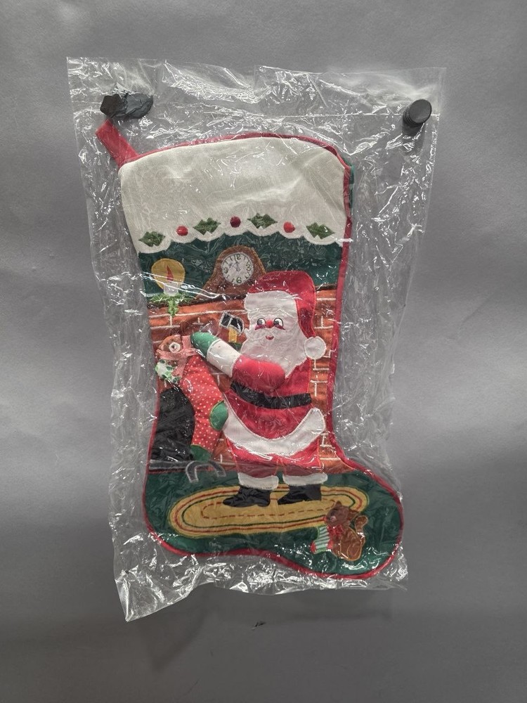 Vintage Sequined Santa Stocking Toys Chimney Felt Finished Hand Made 16