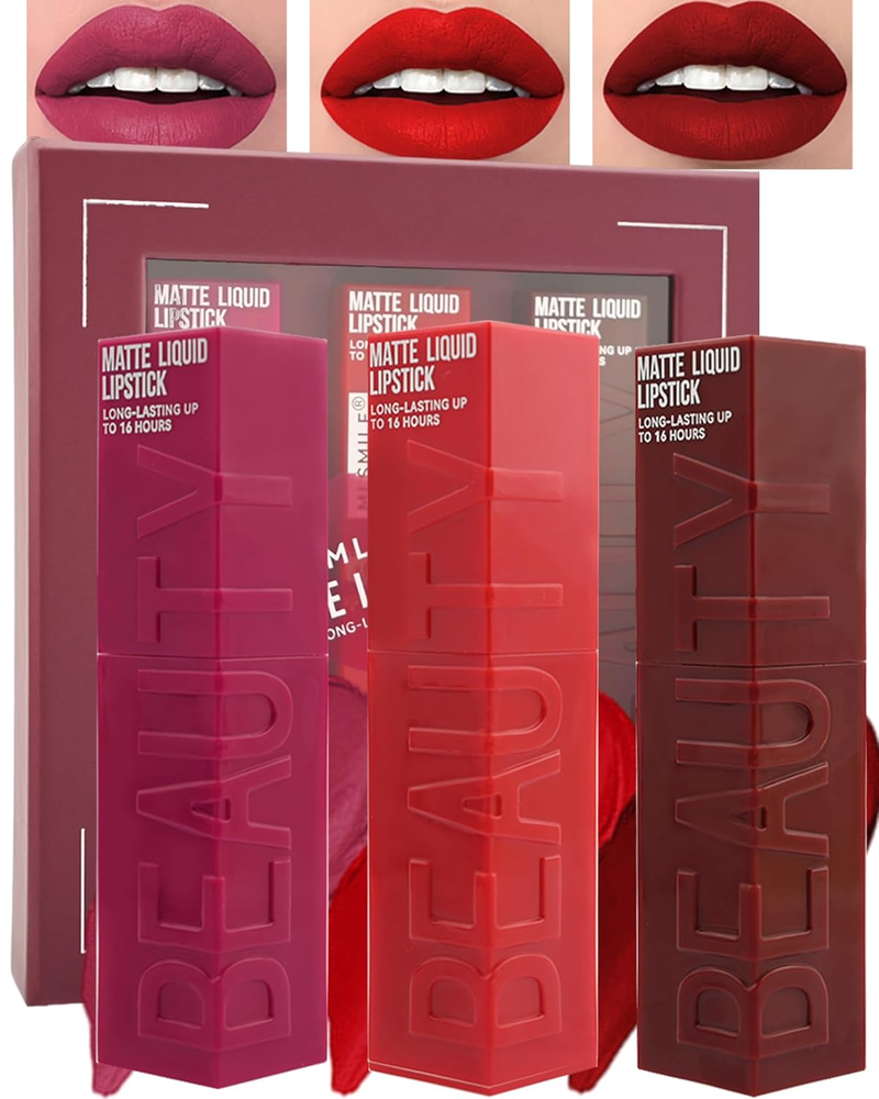 Matte Liquid Lipstick Set - 3Pcs High-Pigment Velvet Lip Stain Tint