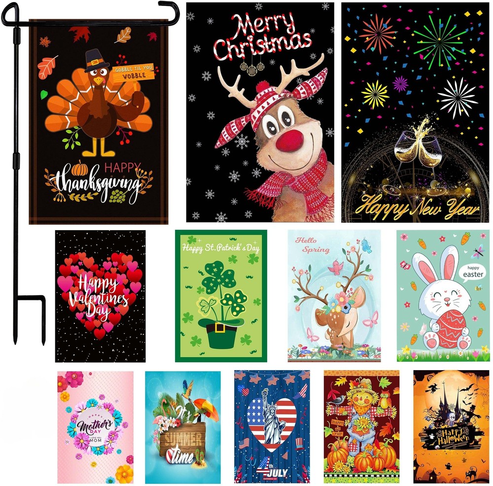 Seasonal Garden Flags Set of 12 and Garden Flag Stand-Holder-Pole Double Side...-image