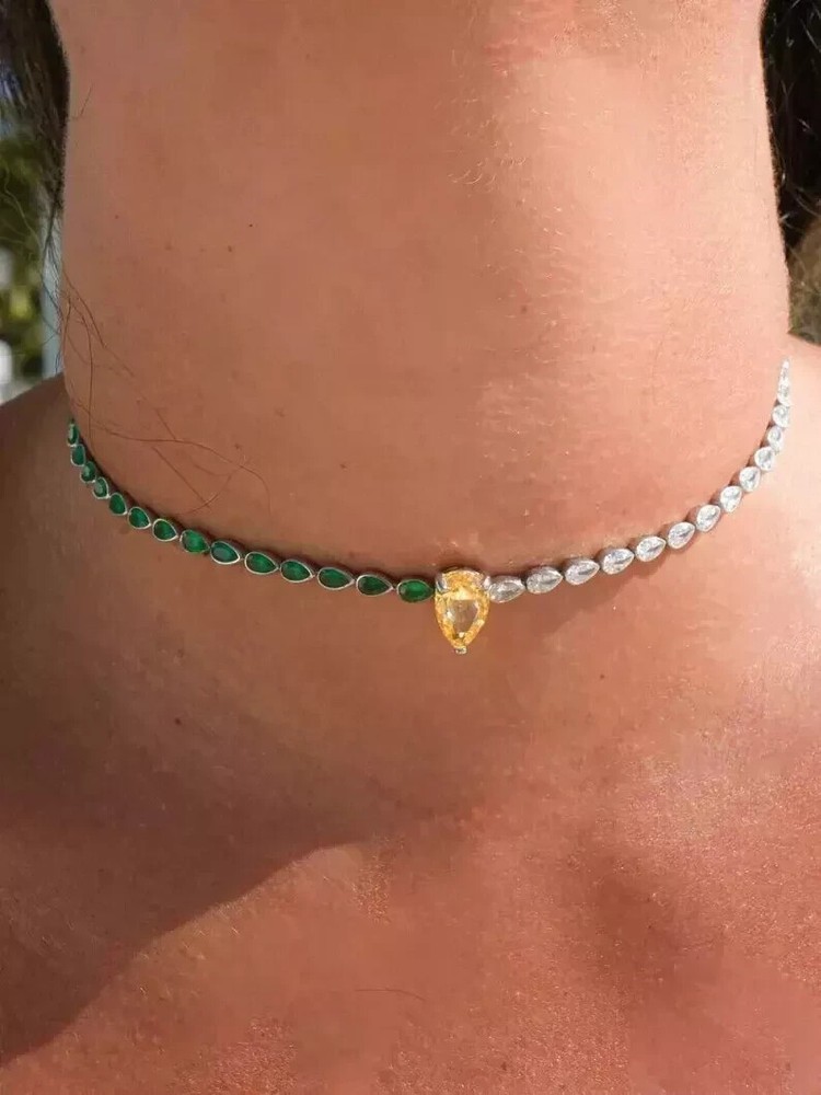 Lab-Created Emerald Citrine Diamond 14K White Gold Plated 16in Tennis Necklace