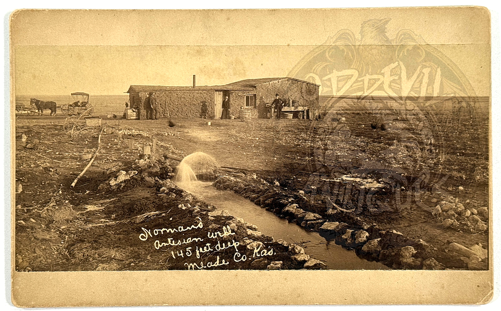 1880s Meade Kansas KS RARE View OLD WEST Normand Well SOD HOUSE photo