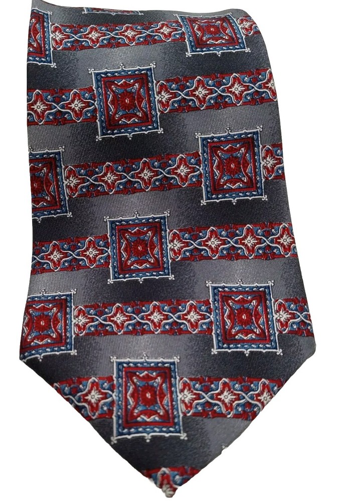 Oscar de la Renta Mens Gray Red Geometric Silk Tie Vintage 57 Inch
