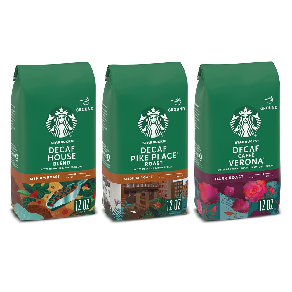 Starbucks Decaf Ground Coffee Variety Pack Medium Dark Roast 3 x 12 oz Bags  