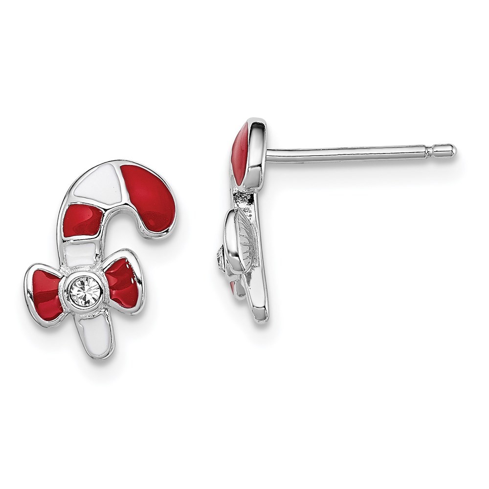 Sterling Silver Red & White Enameled & Crystal Candy Cane Stud Earrings 1.18gm