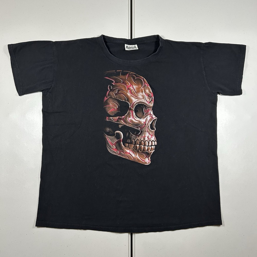 Vintage y2k Skull Big Face Graphic Shirt Men's Size XL Black Goth Grunge Skater