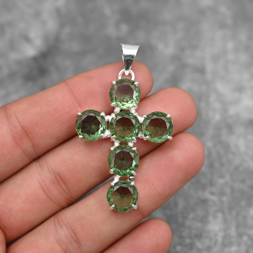 Dainty Peridot Cross Pendant in 925 Sterling Silver Handmade Jewelry Gift
