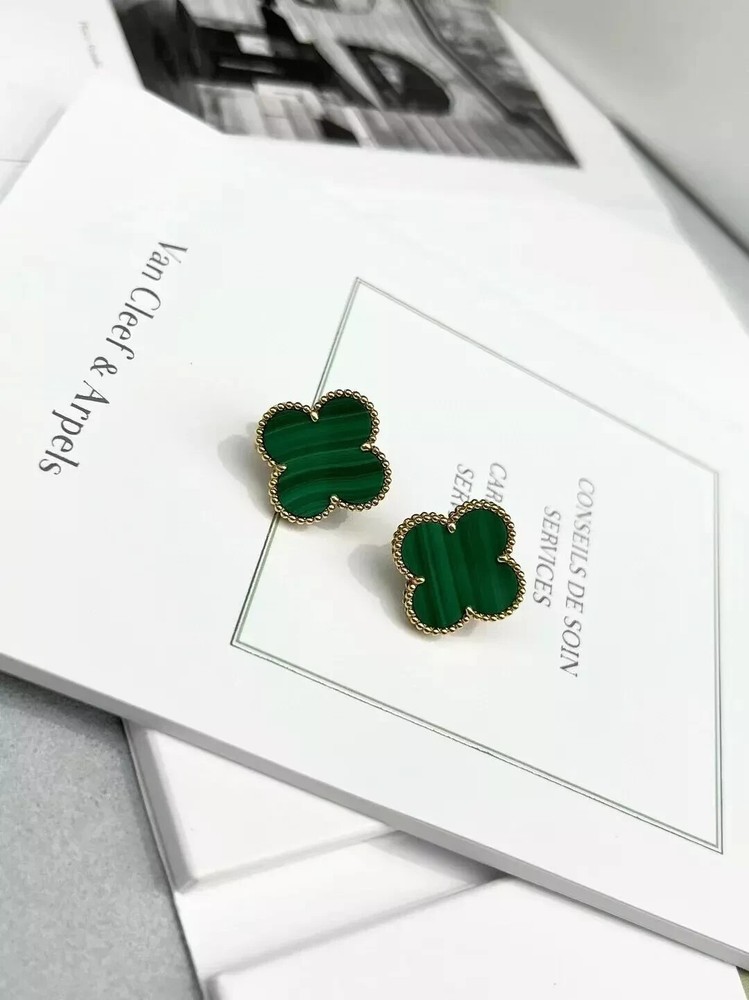 Van Cleef & Arpels Vintage Alhambra 18k Gold and Green Malachite Stud Earrings