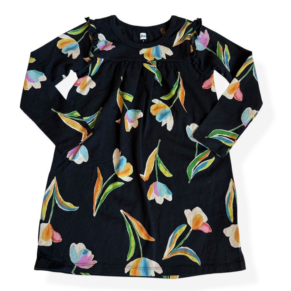 Tea Collection Black Floral Long Sleeve Cotton Dress Girls 4