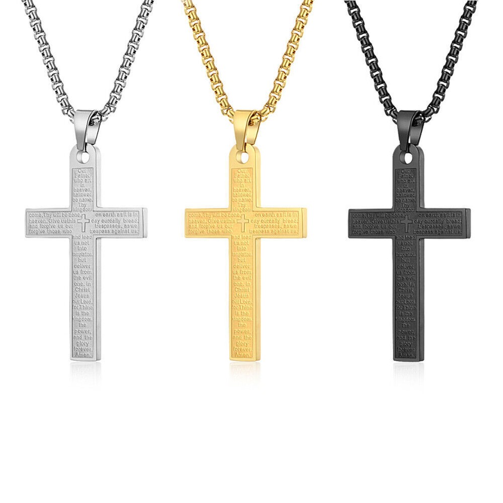 Men Women Gold Cross Pendant Necklace Stainless Steel Lord's Prayer Bible Chain