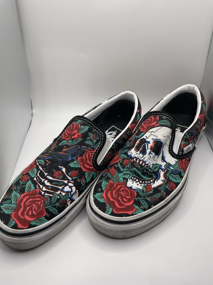 Vans Classic Slip On Raven Rose Skulls Sneakers Womens 6.5 Mens 5 Skate Shoes
