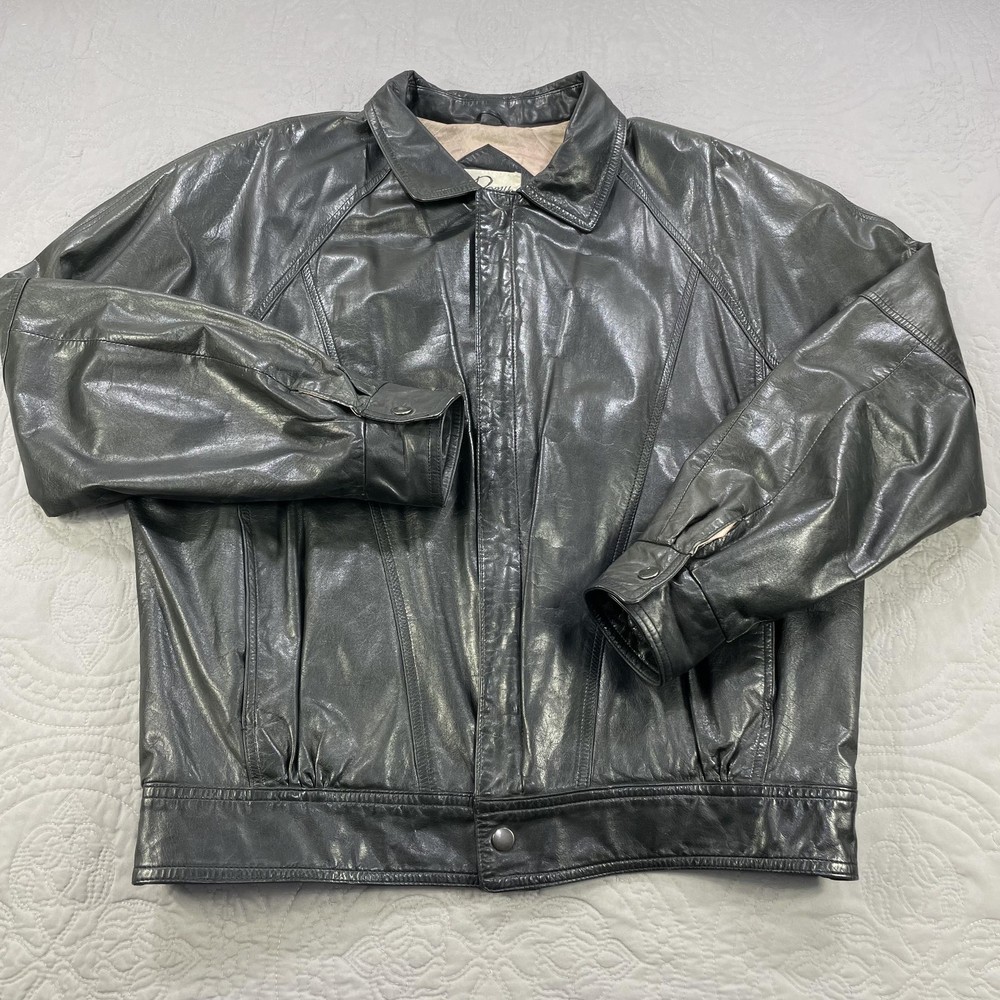 Remy Jacket Mens 42 Black Leather Bomber Zip Front Raglan Snap Cuff Style 8844