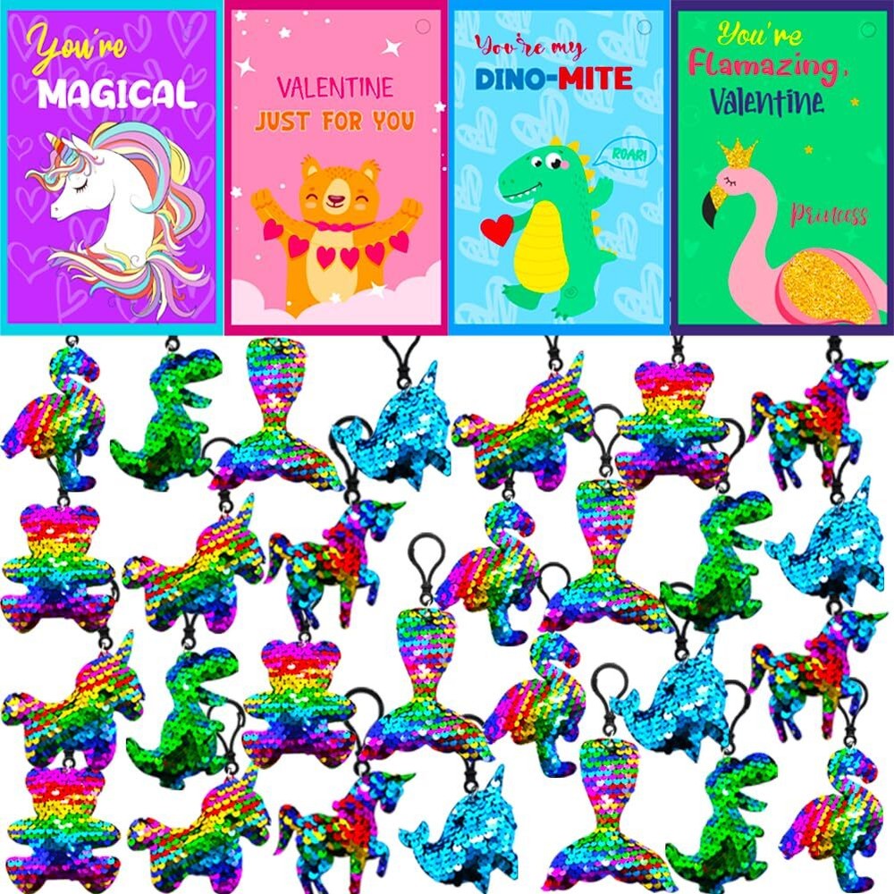28 Pack Valentines Day Cards for Kids, Glitter Flip Sequin Keychains Unicorn ...