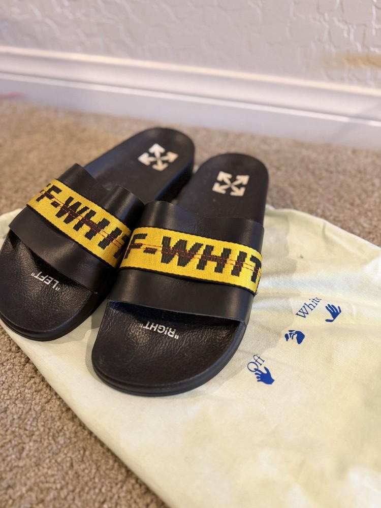Off-White Black Yellow Logo Slide Sandals Adjustable Strap Men's EU 41