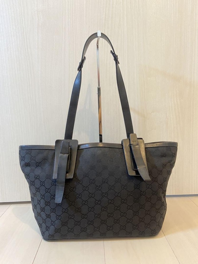 Gucci GG Monogram Leather and Canvas Black Tote Bag with Wooden Accents