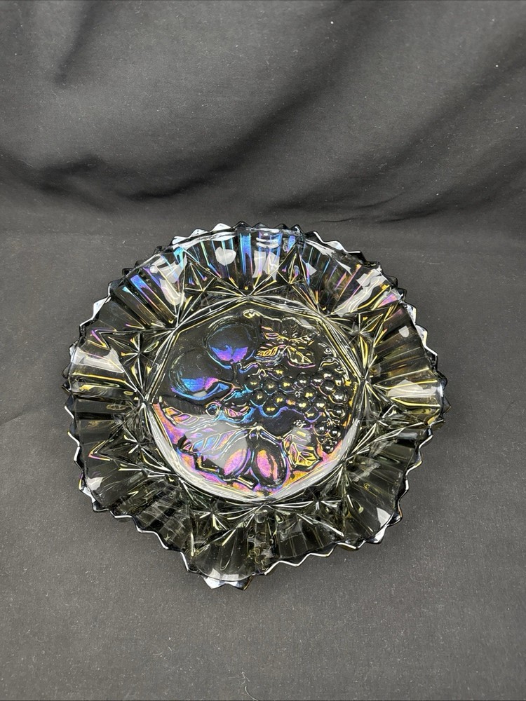 Federal/Indiana Glass Pioneer Smoke Carnival Glass Ruffled Trinket Bowl Intaglio