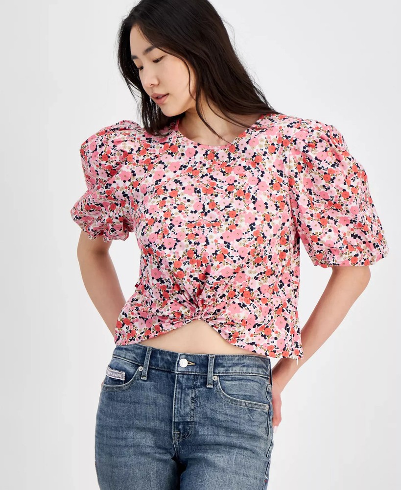 Tommy Hilfiger Women's Top Sz XS Ditsy Floral Puff-Sleeve