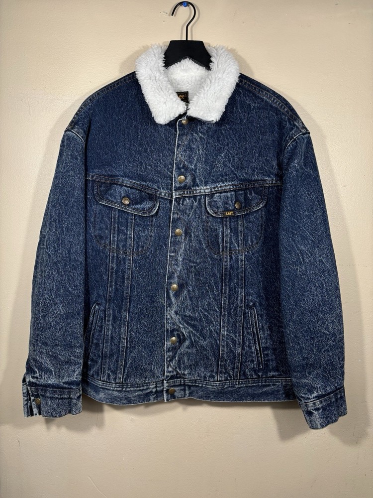 Vintage LEE Riders Sherpa Lined Denim Trucker Jacket Large USA Made Faded Jean
