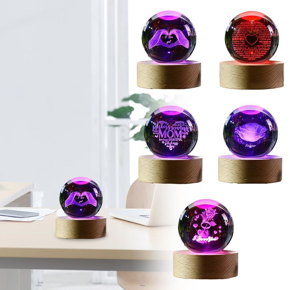  3D Heart Crystal Ball Night Light with Wood Base Bedroom Decorative Gift T7N7