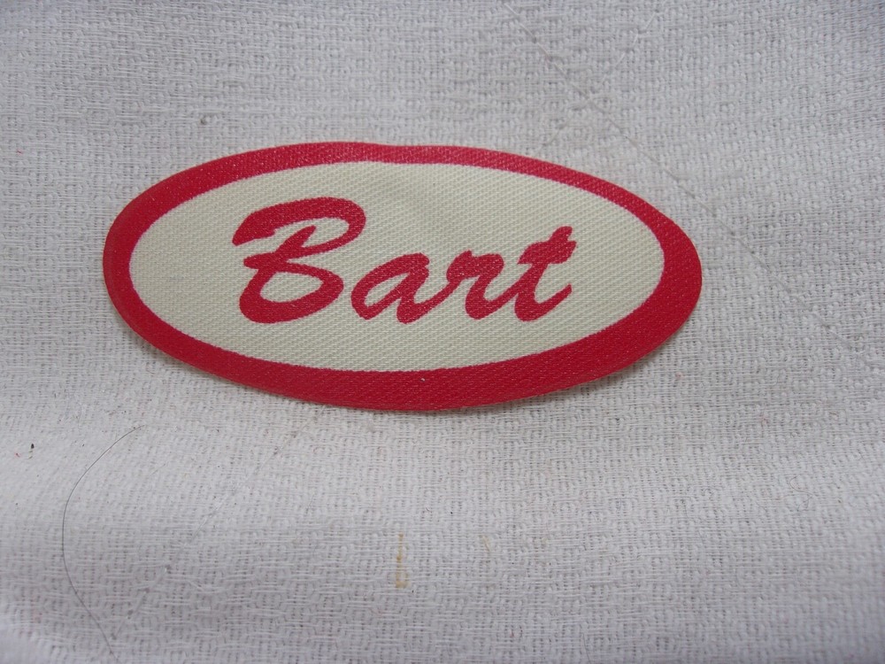 BART  USED ALL SILK SCREEN  SEW  ON NAME PATCH TAGS OVAL RED ON WHITE