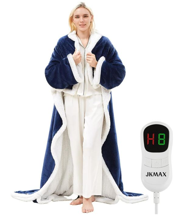 JKMAX Heated Electric Blanket Wearable Throw - Heated Wearable Robe with Slee...