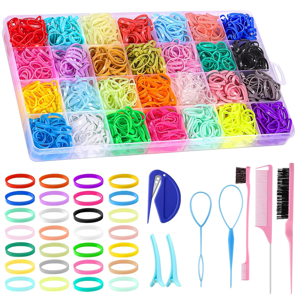 BESARME 28 Colors Rubber Bands for Hair with 7 Hair Styling Tools, 2100 Pcs Colo
