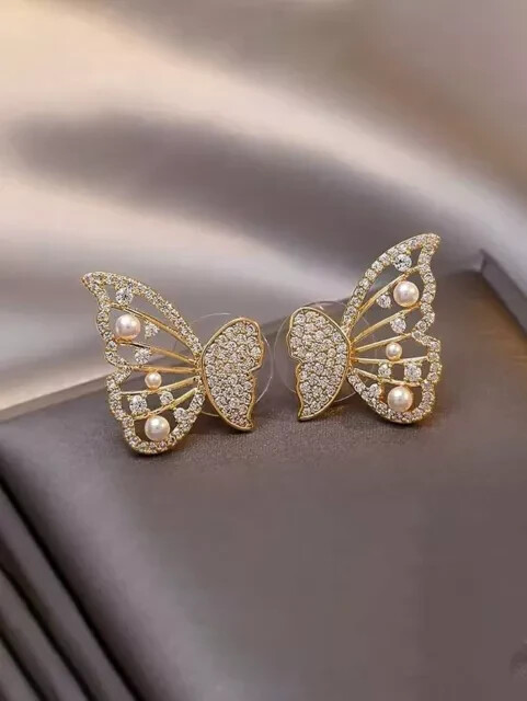 2.00Ct Round Cut Real Moissanite Butterfly Stud Earing 14K Yellow Gold Plated