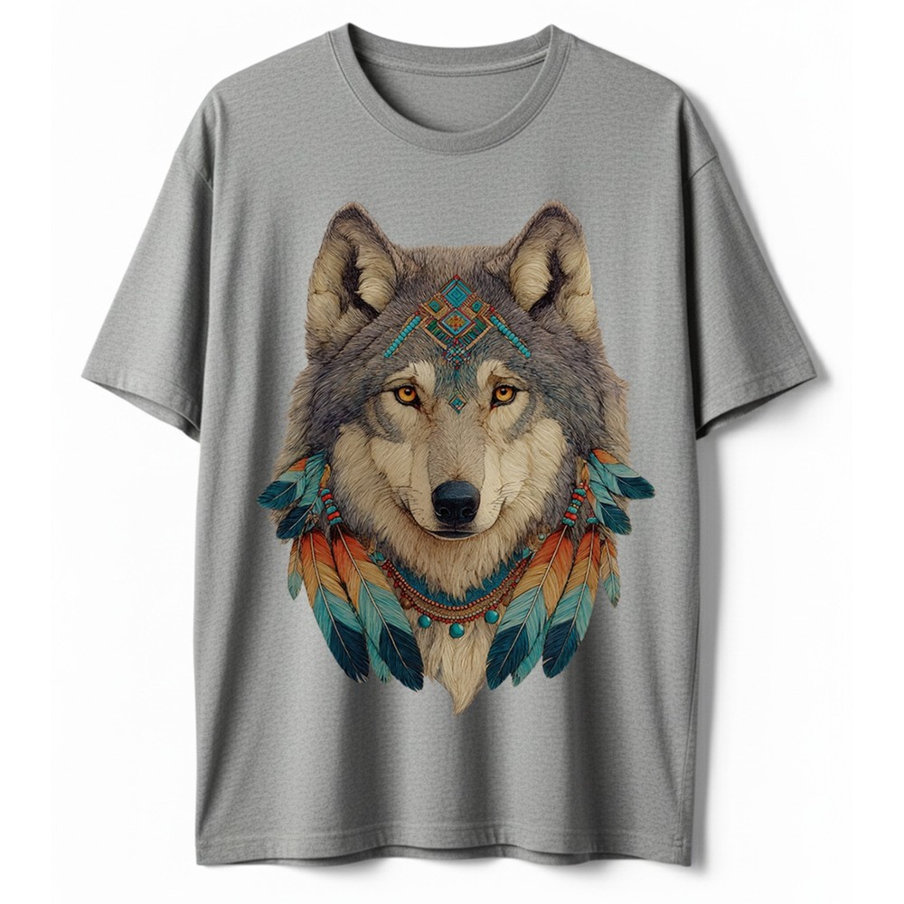 Tribal Wolf Head T-Shirt Turquoise Feathers Boho Spirit Native American Tee
