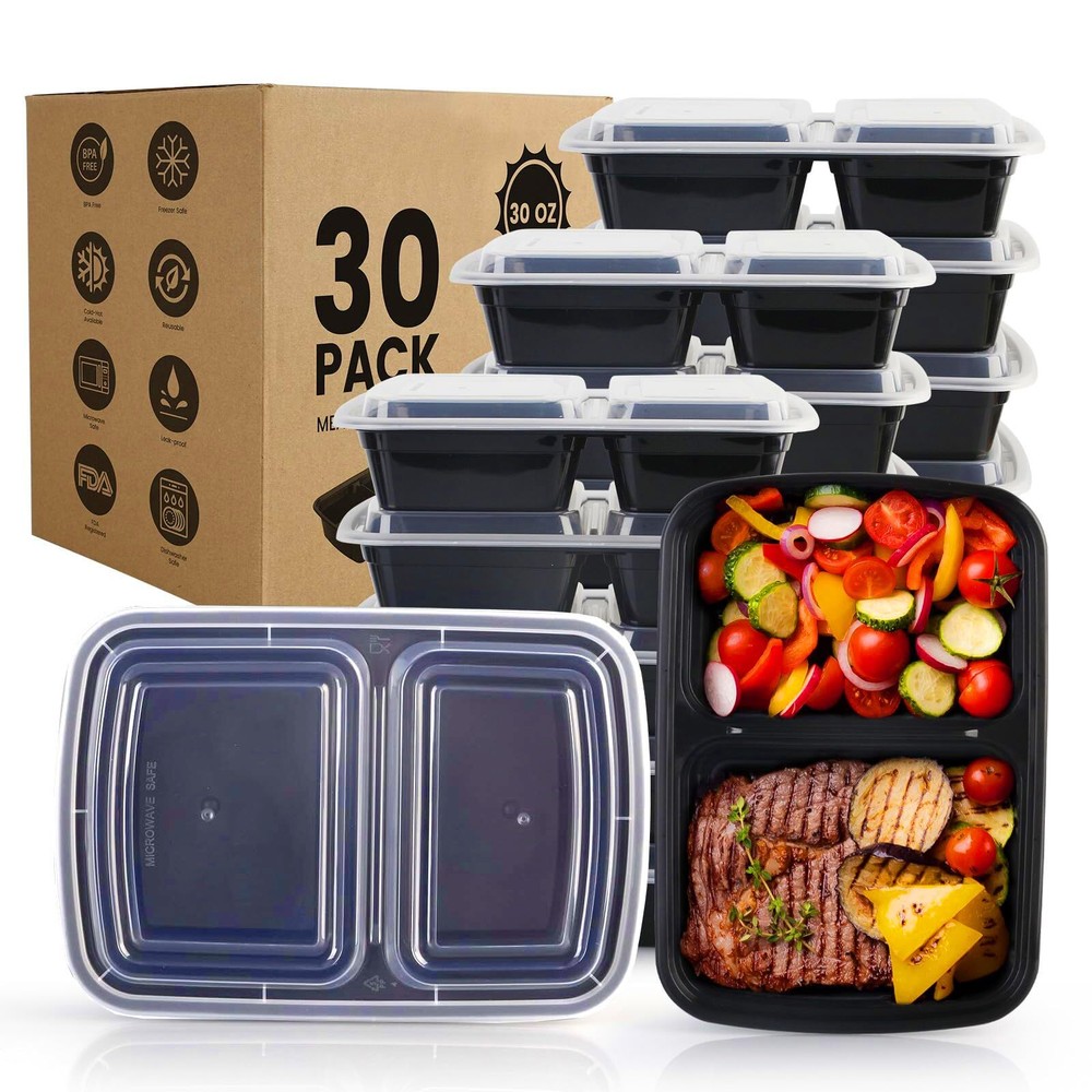30-Pack Reusable 2-Compartment Meal Prep Containers for Food Storage