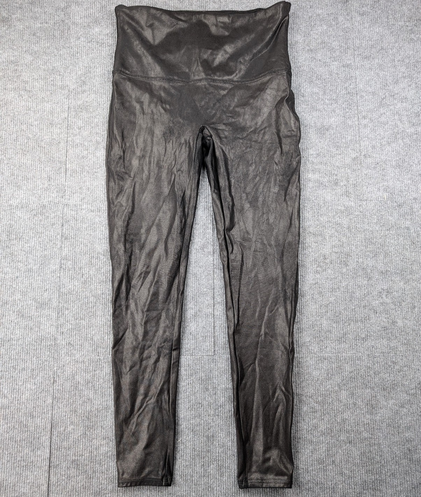 Spanx Faux Leather Leggings Womens 1X Black Sheen Smoothing Athleisure Plus