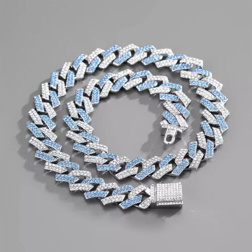 Miami Cuban Link Chain 15mm Iced A+++ Out Clear Blue Rhinestone White Gold Plate