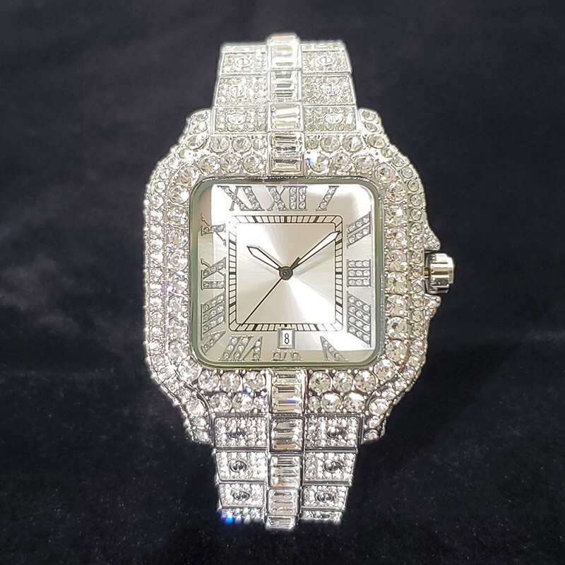 Luxury Hip Hop Iced Out Men's Watch with Diamonds Silver White Square Bling
