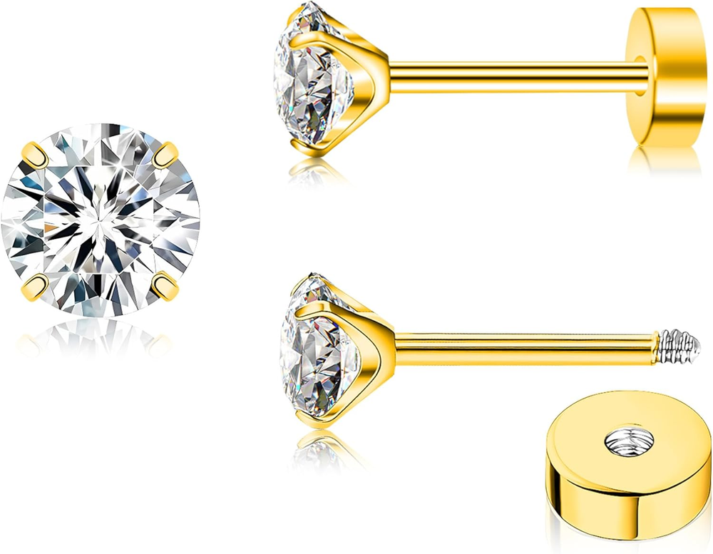 Titanium Women Flatback Earrings Cubic Zirconia Silver Stud Earrings Flat Back C