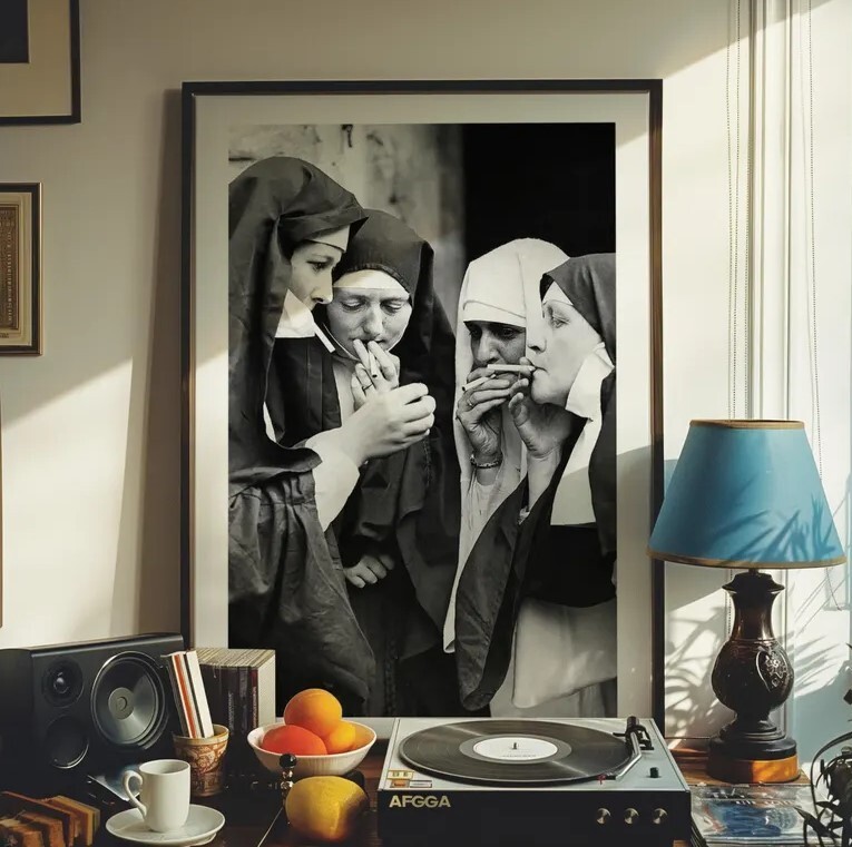 Nuns Smoking Vintage Humor Break Art Print Poster