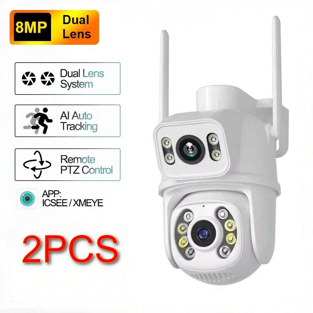 sansco 8MP Dual Lens PTZ Outdoor Security Camera 2PCS, 2.4G WiFi 360° View Camer