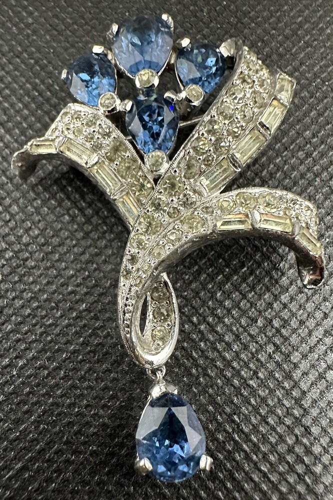 Jomaz Sapphire Blue and Clear Rhodium Plated Rhinestone Leaf Brooch Vintage