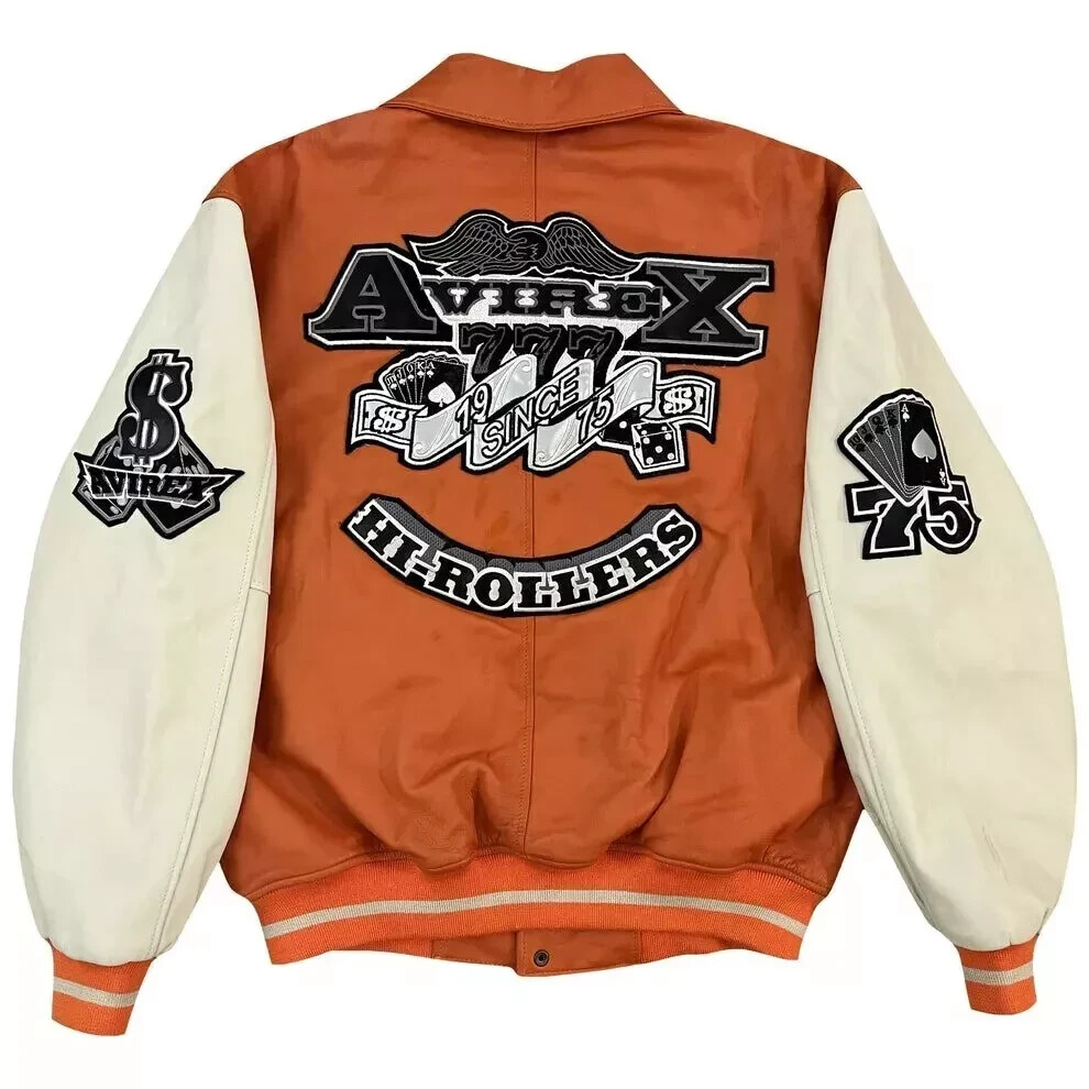 Avirex Men's Hi-Rollers Leather Varsity Jacket Genuine Cowhide