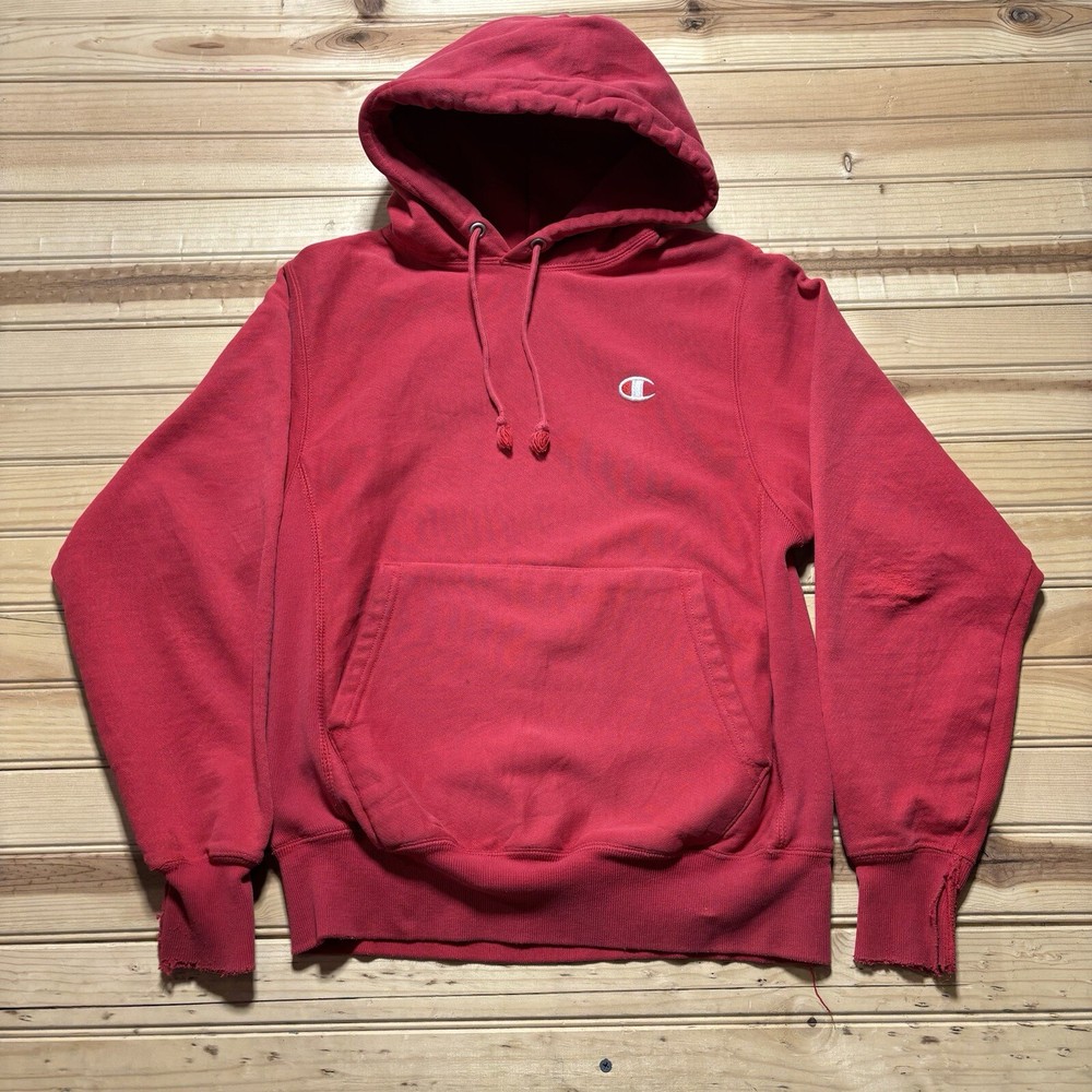 Vintage Champion Reverse Weave Faded  Distressed  Red Hoodie Size Small