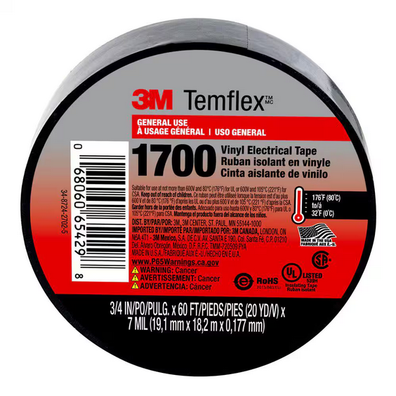 Temflex 1700 Electrical Tape 3/4 in x 60 ft Black Vinyl UL Listed