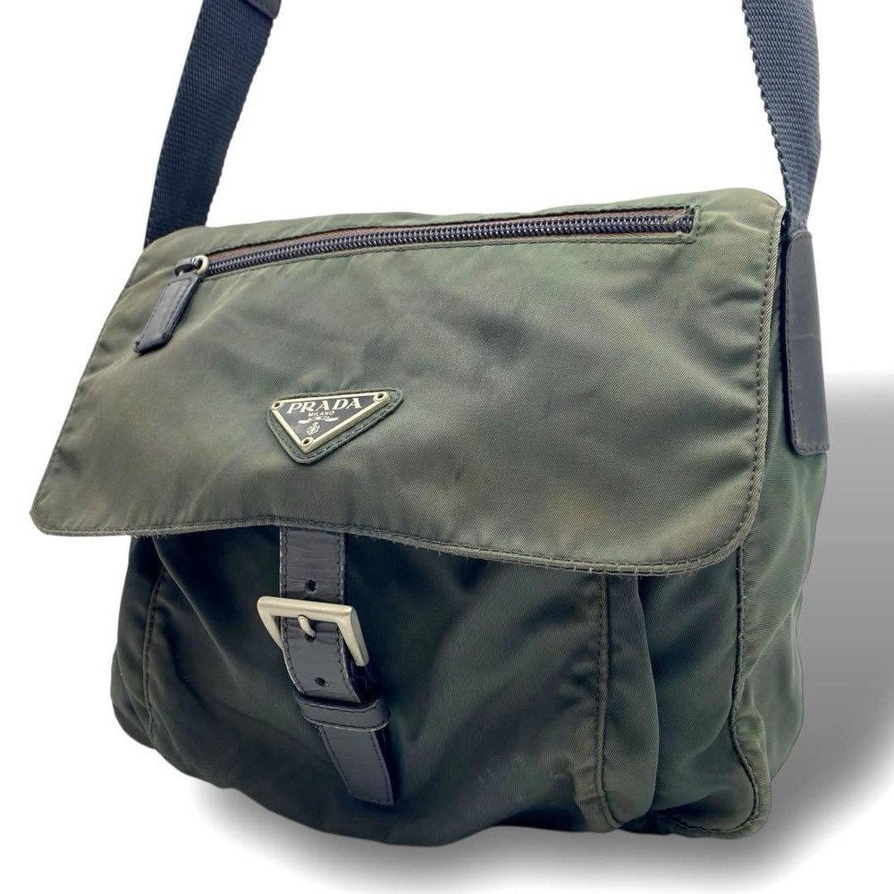Prada Nylon Khaki Shoulder Bag with Triangle Logo Pre-Owned