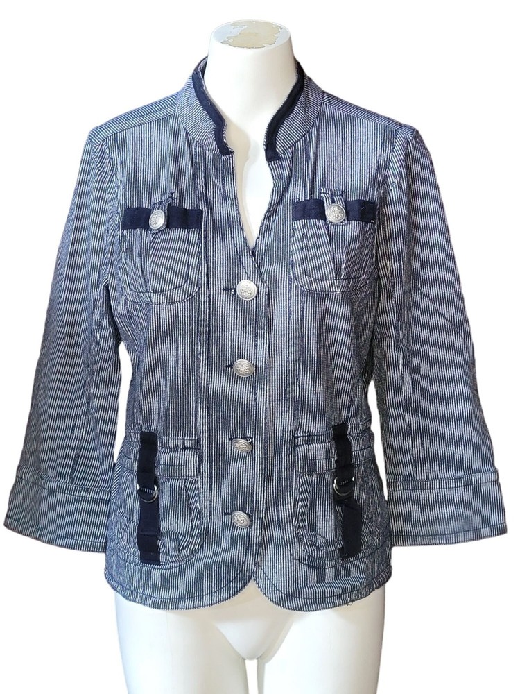 Ami Women's Chambray Pinstripe Jacket Medium Blue White 3/4 Sleeve Metal Buttons