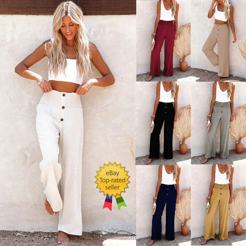 Ladies Womens Cotton Linen Trousers Casual Loose Pants Elasticated Waist Bottoms