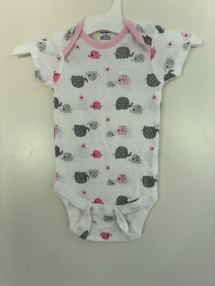 Gerber Baby Girl Cute Elephants 100% Cotton Short Sleeve Onesies Pink White 3-6M