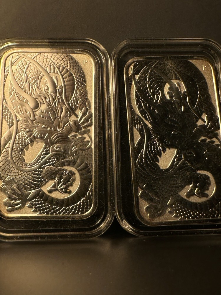 SET OF 2 - 2021 Australian Dragon Silver Rectangle Bar 1 oz 9999 Fine $1 Coin