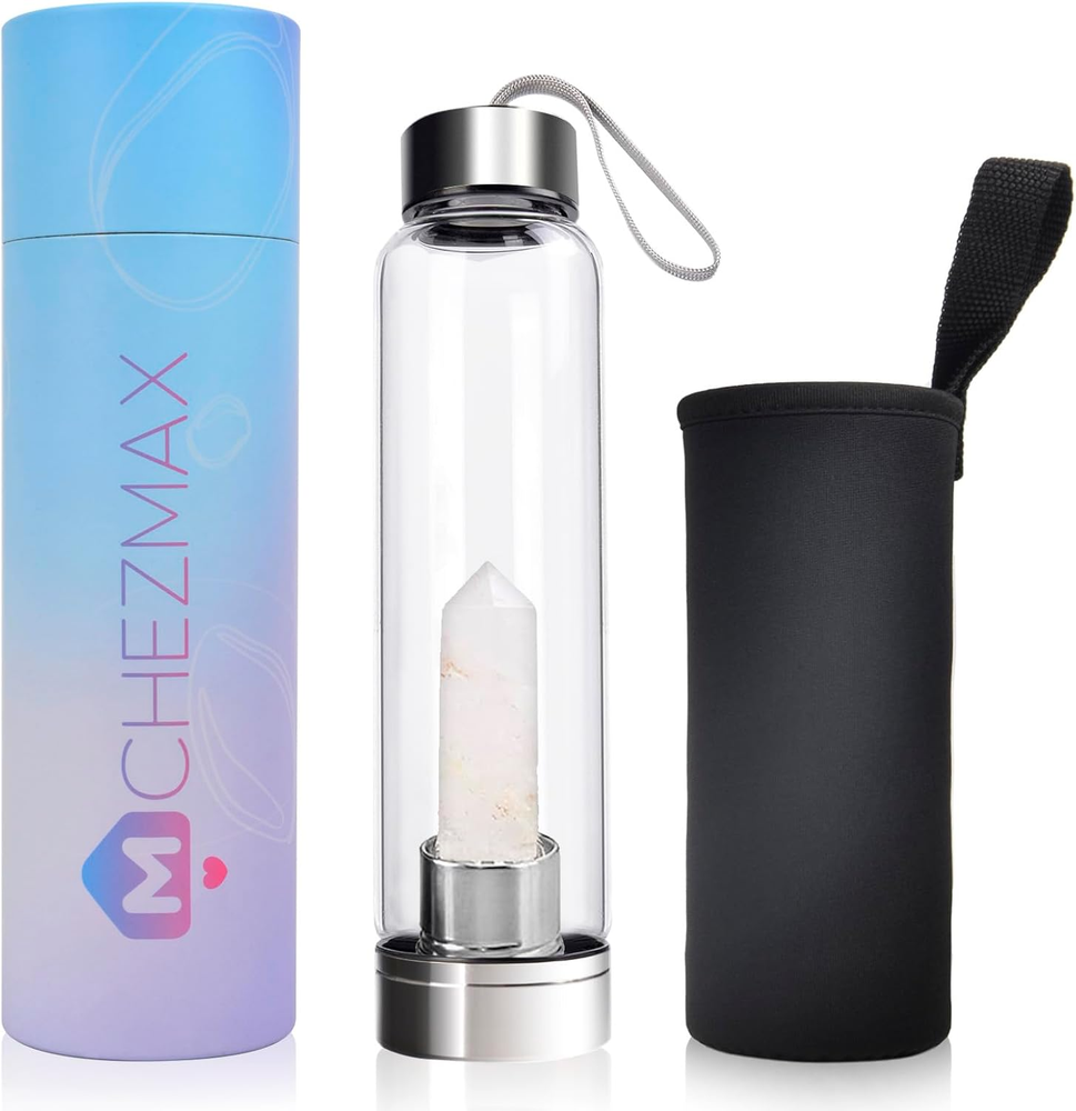 Crystal Glass Water Bottle – Quartz Gemstones with Replaceable Healing Crystal