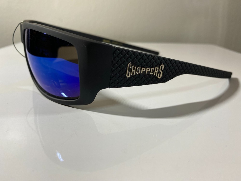 Men’s stylish black frame riding sunglasses with blue reflective lenses