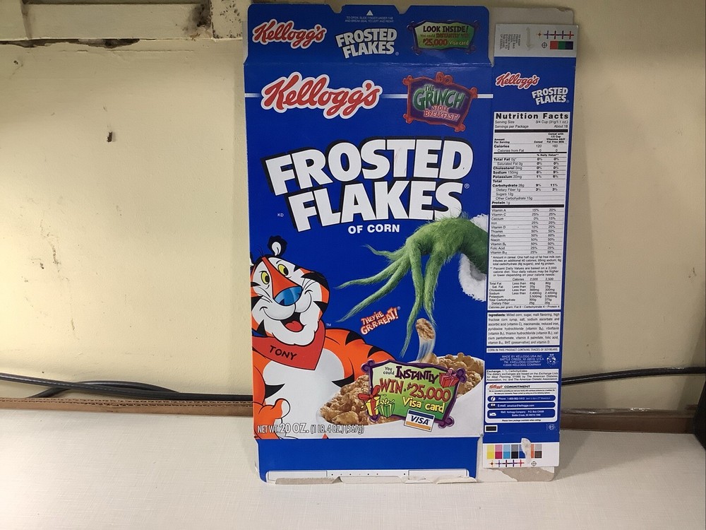 2001 Empty Frosted Flakes The Grinch Visa Offer 20OZ Cereal Box SKU U200/369