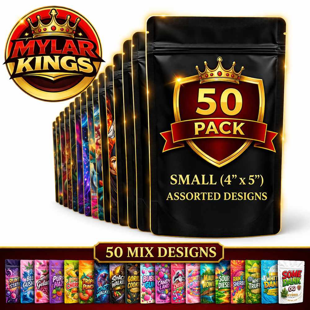 50 Pack Small Smell Proof Foil Storage Pouches 4” x 5” Mix Designs Zip Bags