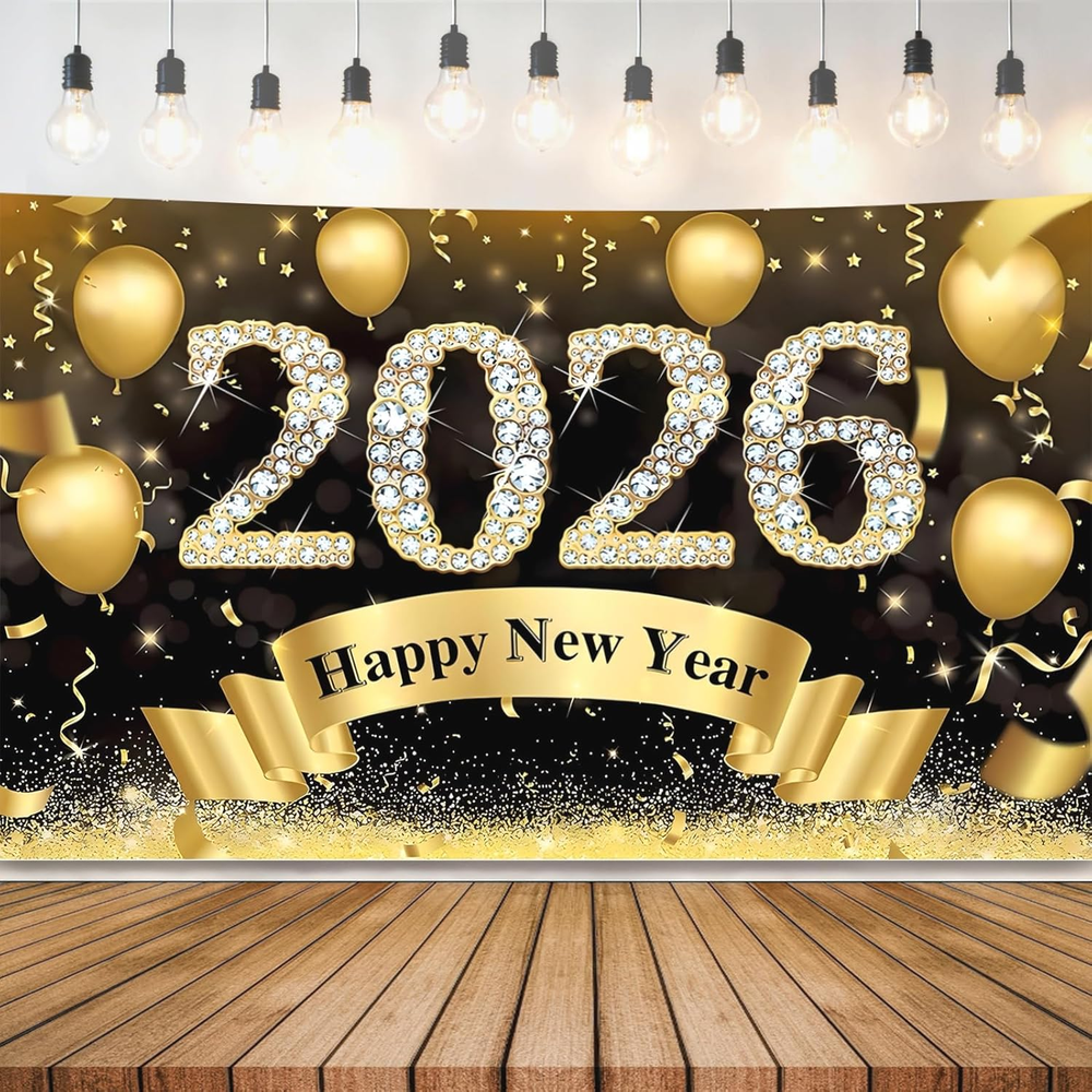 Happy New Year Banner 2026-72X44 Inch Extra Large Happy New Year Backdrop, New Y