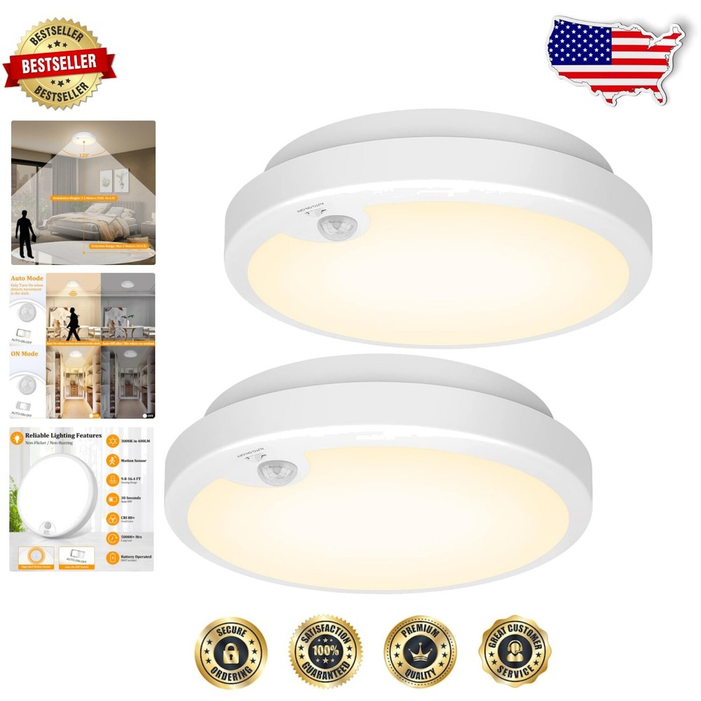 Wireless Motion Activated Ceiling Lights - 2-Pack, Ideal for Closets & Pantries