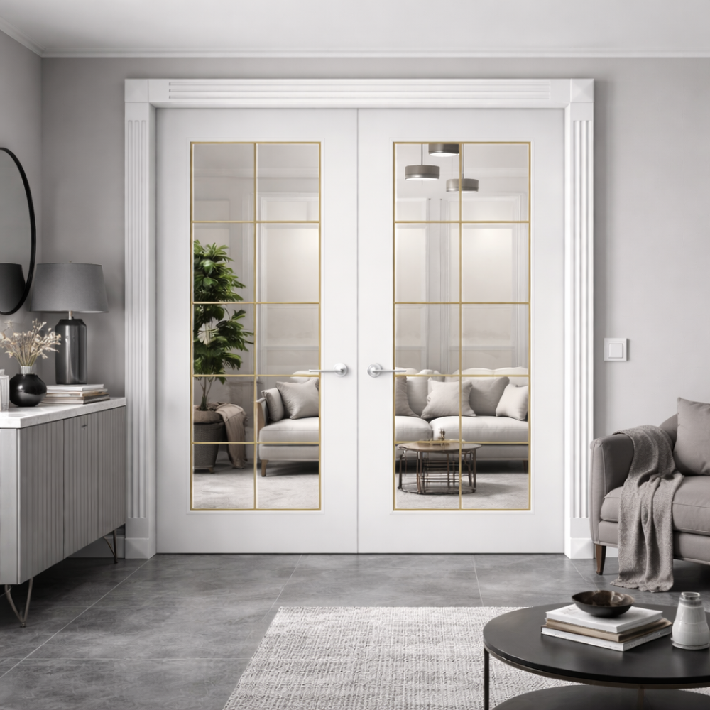 PREMDOR White Clear Glass French Door 20L Gold Strips Double Door (Minor damage)